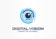 © Hilch - Digital vision creative symbol concept. Eye iris scan, vr system abstract business logo. Cctv monitor, security control, video camera lens icon.
