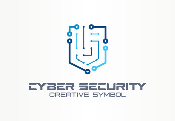 Cyber security creative symbol technology concept. Smart digital shield in abstract business logo. Circuit board protection, privacy firewall icon