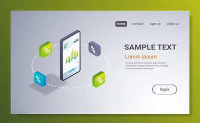 Poster - financial growth chart mobile app statistic data business analytics report concept trading application interface 3d isometric smartphone screen horizontal flat copy space vector illustration