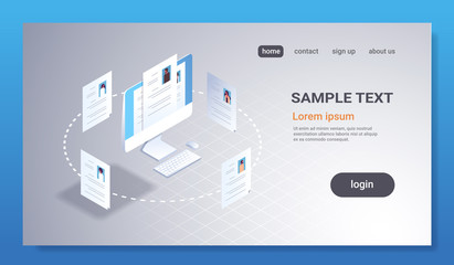 Aufkleber - curriculum vitae recruitment candidate job position hr personnel hiring concept cv resume profile on computer monitor screen 3d isometric flat horizontal copy space