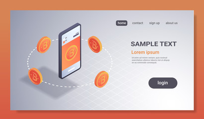 Poster - cryptocurrency wallet online mobile storage application bitcoin mining concept 3d isometric smartphone screen crypto currency trading app flat horizontal copy space