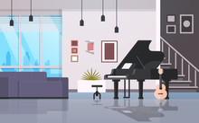 Contemporary Home Hall Musical Instruments Piano Guitar Empty House Room Modern Apartment Interior Flat Horizontal