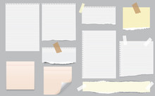 White And Colorful Note, Notebook Paper With Torn Edges Stuck On Gray Background. Pink Sheets Of Note Papers, Sticky Notes