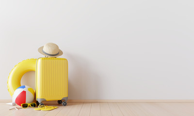 Wall Mural - Yellow suitcase with beach accessories  on wooden floor. summer travel concept .3d rendering