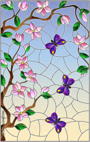 Dekoracja na wymiar  ilustracja-w-stylu-witrazu-z-drzewem-wisni-i-jasnymi-motylami-na-niebiesko