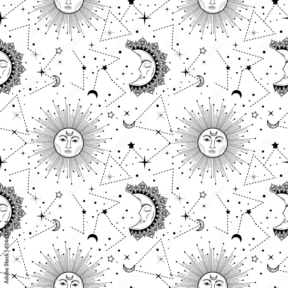 Bohemian seamless pattern with sun, moon, stars and constellation. Vintage style. Gypsy and hipster vector illustration. Astronomy and astrology symbol. - obrazy, fototapety, plakaty 
