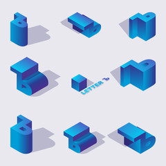 Poster - Vector collection of blue cyrillic letters hard sign or yer in isometric 3d elements, drawn with vivid gradients with shadows