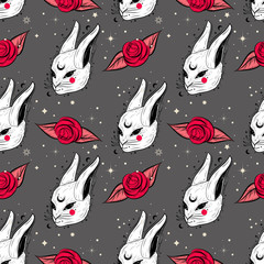 Cute pattern in wonderland motifs with white rabbit and roses.