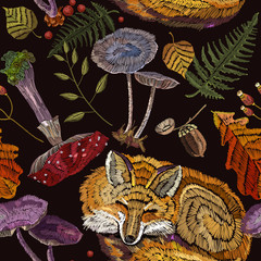 Embroidery sleeping fox and mushrooms, fall forest art seamless pattern. Fashionable template for design of clothes, t-shirt design