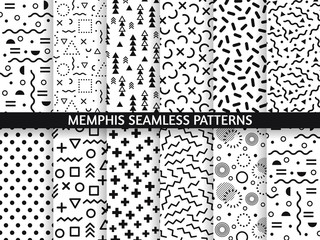 Wall Mural - Memphis seamless patterns. Funky pattern, retro fashion 80s and 90s print pattern texture. Geometric graphics style textures vector set