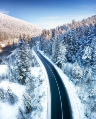Wall Mural - aerial view on the road and forest at the winter time. natural winter landscape from air. forest und