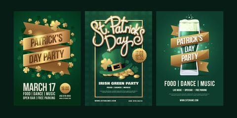 St.Patrick 's Day. Set of posters with symbols of the Irish holiday on green background. Gold inscription ribbons, clover leaves, Leprechaun's hat with gold coins, glass of beer. Vector illustration.