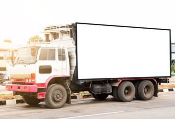 container trucks Logistic by Cargo truck on the road .empty white billboard .Blank space for text and images.