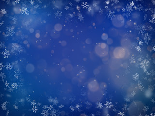 Wall Mural - Blurred bokeh light on dark blue background. Christmas and New Year holidays template. Abstract glitter defocused blinking stars and sparks. EPS 10