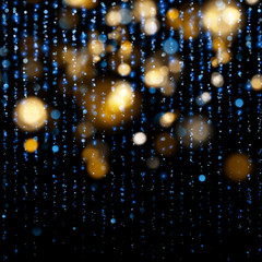 Blurred bokeh light on dark blue background. Christmas and New Year holidays template. Abstract glitter defocused blinking stars and sparks. EPS 10