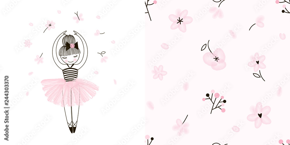 Girlish Ballet themed graphic set with Little cute cartoon dancing ballerina illustration and seamless gentle floral pattern. Doodle linear drawing. Pink colour. Perfect for baby girl fabric, textile - obrazy, fototapety, plakaty 