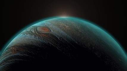Wall Mural - rising sun behind jupiter planet in space. universe, solar system's giant, beautiful planet is rotat