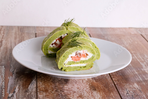 Green Pea Roll With Salmon And Cottage Cheese Smoked Salmon