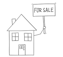 Poster - Cartoon vector conceptual drawing of family house holding for sell sign .