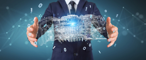 Poster - businessman using wireframe holographic 3d digital projection of an engine