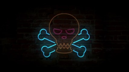 Canvas Print - Skull and bones neon symbol on brick wall. Flicker warning sign on brick wall background. Retro style glowing 3D seamless and loopable animation.