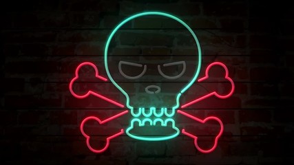 Canvas Print - Skull and bones neon symbol on brick wall. Flicker warning sign on brick wall background. Retro style glowing 3D animation.