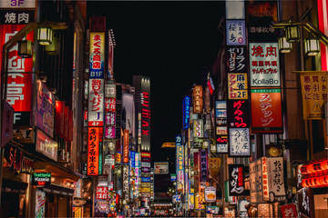 colorful neon advertisement boards, kabukicho shinjuku, tokyo, japan