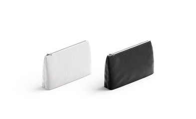 Blank black and white canvas pouch mockup set, isolated, 3d rendering. Empty cloth handbag mock up, side view. Clear female ziplock for cosmetic template.