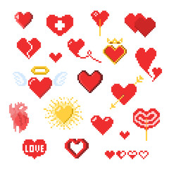 Wall Mural - various pixel heart icons isolated on white, valentines day decor in pixel art style, heart-shaped r