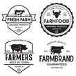 © lynxstocker - Farmers market logo templates stamps labels badges set. Trendy retro style logotypes, farm natural organic products food, animals, beef, goat, hen and pig silhouettes.