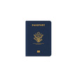 Front view of blue passport cover. Golden lines and text, bird logo and leather texture. Real passport vector illustration. International id document. Immigration on citizenship banner.