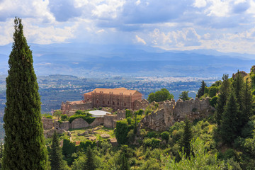 Wall Mural - distant view on Paleolog castle in Mystras against Laconia valley