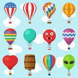 Fototapeta  - Aerostat Balloon transport with basket set flying in sky, Cartoon air-balloon different shapes ballooning adventure flight, ballooned traveling flying toy, Vector illustration