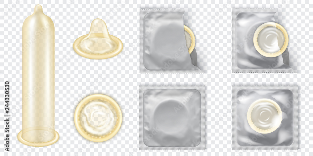 Realistic 3D Detailed Latex Condom Vector Set. - obrazy, fototapety, plakaty 