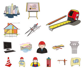 Wall Mural - Architecture and construction cartoon icons in set collection for design. Architect and equipment vector symbol stock web illustration.