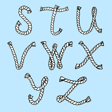 Hand drawn rope lettering. Vector decorative alphabet. Letters S-Z