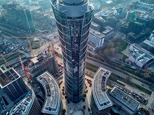 WARSAW, POLAND - NOVEMBER 27, 2018: Beautiful Panoramic Aerial Drone View To The Center Of Warsaw City And The Warsaw Spire - 220 Metre Neomodern Office Building On European Square (Plac Europejski)