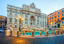Trevi Fountain In The Morning Light In Rome, Italy. Trevi Is Most Famous Fountain Of Rome. Architecture And Landmark Of Rome.