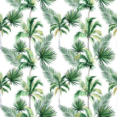  Watercolor seamless pattern with palm trees and tropical leaves. Summer decoration print for wrapping, wallpaper, fabric.