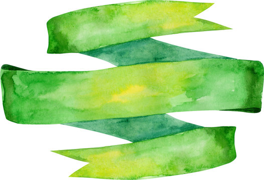 Watercolor vintage green ribbon. Hand painted banners isolated on white background.