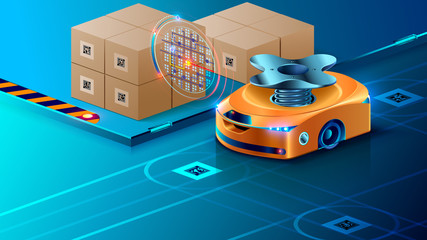 Poster - Autonomous Robot, Guided of Artificial Intelligence on Automated Warehouse. Smart Drone Distributes Parcels in the Logistics Center. Automated Complete Set on Modern Storehouse.
