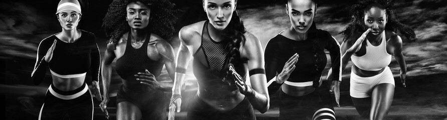 Wall Mural - Group of five strong athletic women, sprinters, running on dark background wearing in the sportswear, fitness and sport motivation. Runner concept.
