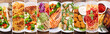 collage of plates of food, top view