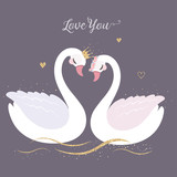 Fototapeta Do akwarium - Cute Swan with gold glitter crown for wedding invitation.