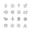 Energy and electricity related icons: thin vector icon set, black and white kit