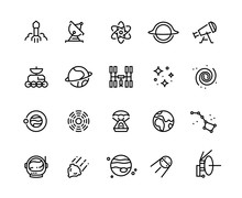 Space Line Icons. Cosmic Astronomy Galaxy Astronaut Rocket Launch Meteor Space Telescope Planets And Stars. Cosmos Vector Illustration