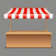 © SpicyTruffel - Empty market stall. Wooden tent with red and white striped awning isolated on transparent background
