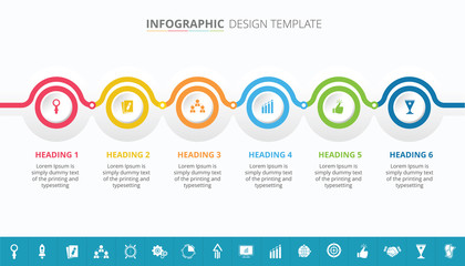 Wall Mural - Business process infographic template design with 6 steps and 16 extra icons - Vector Illustration