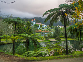 church in furnas village viewed from the terra nostra garden botanical park with thermal lakes and p