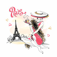 The Girl In The Hat Drinks Coffee.  Fashion Model In Paris. Eiffel Tower. Romantic Composition. Elegant Model On Vacation. Vector.
